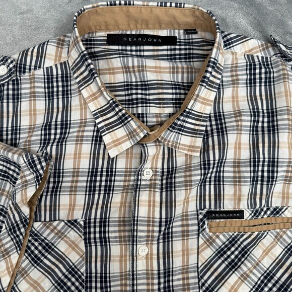 Sean John Men's Button Up Shirt 4XB Brown Plaid‎ Short Sleeve Rivet Pocket Fall - Picture 1 of 8